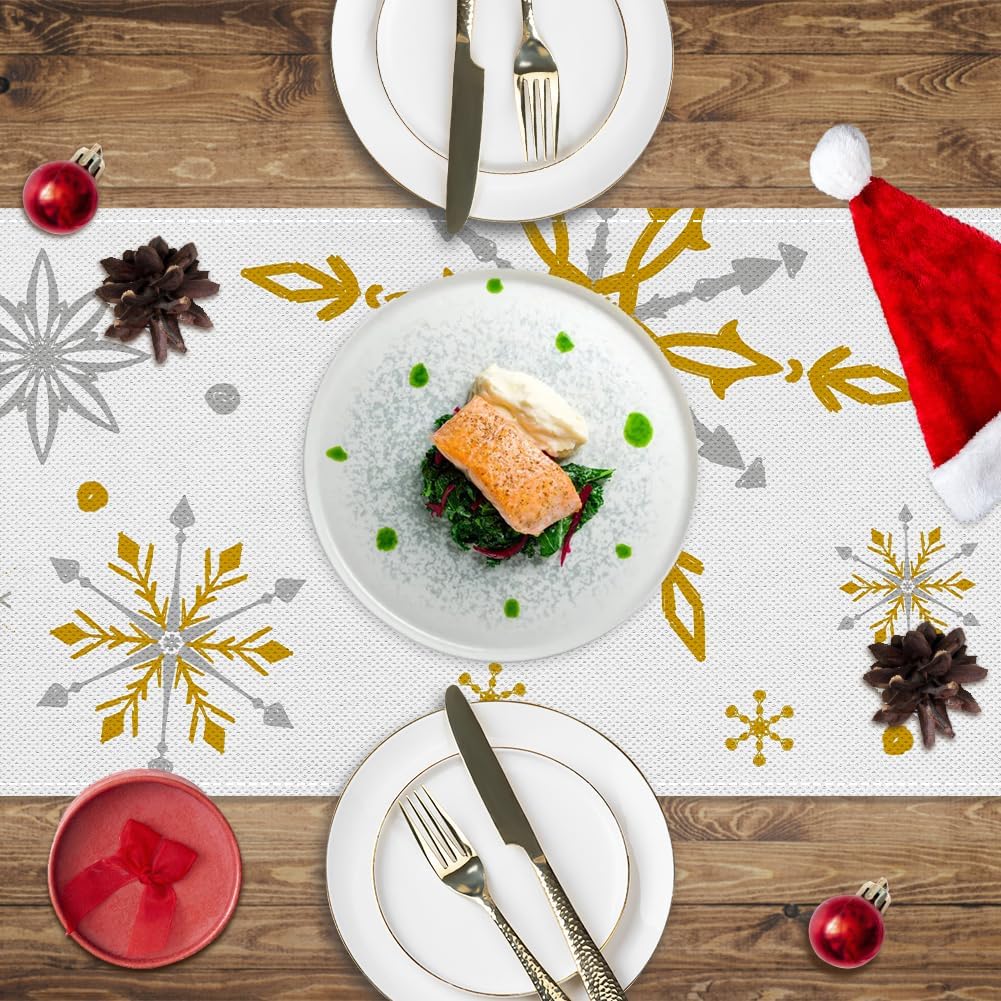 Labeol Snowflake Table Runner, 72x13 Inch White and Gold Christmas Table Runner for Christmas Party Kitchen Dinner Decor (Gold)