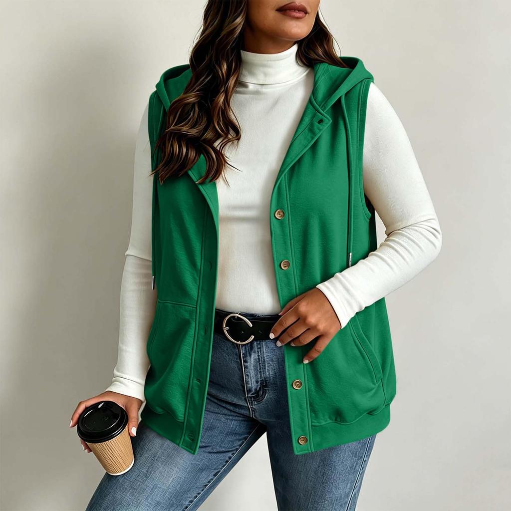 Gilet da donna alla moda con cappuccio, chiusura a bottoni, coulisse, senza maniche e con tasche