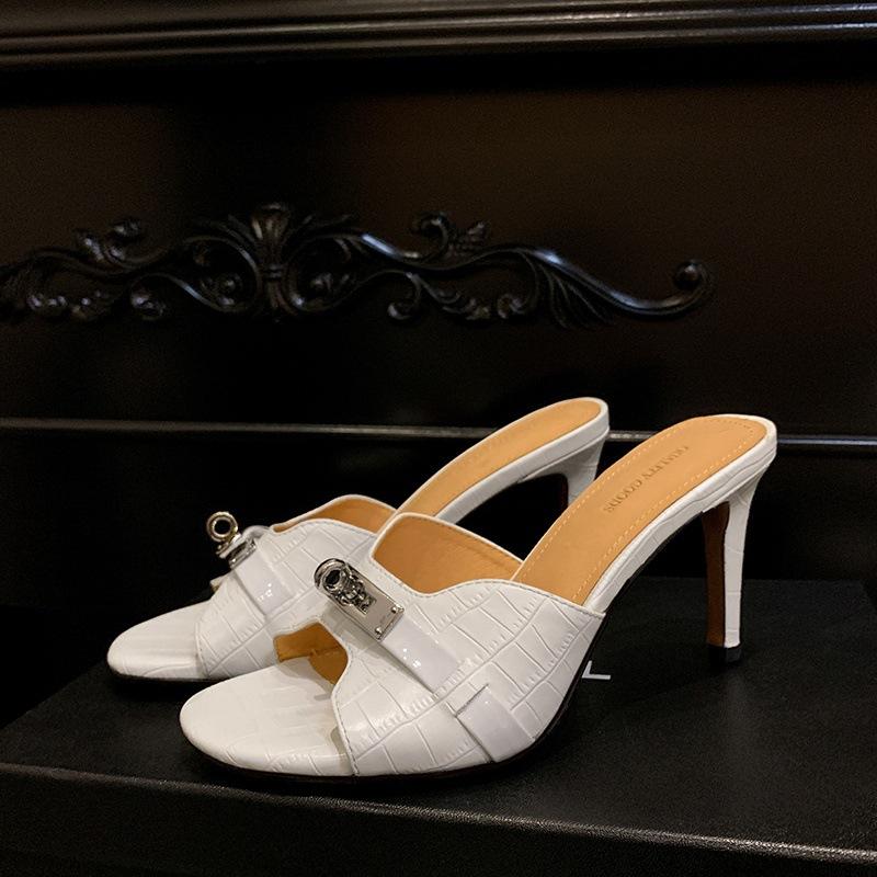 

2025 small gold buckle crocodile pattern Korean version of one-word high-heeled slippers for women s summer soft-soled beach high-heeled sandals 39