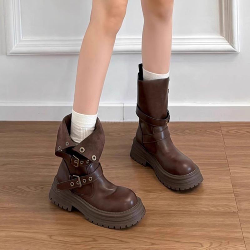 Cowhide Version~ Leather Platform Maillard Medium Tube Short Boots Women's 2025 New British Style Retro Brown Martin Boots