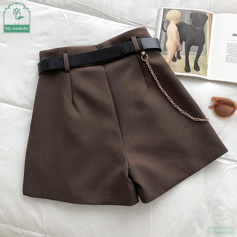 Casual Comfortable Elegant  Shorts With Belt Women's Slim Wide Leg A-line Shorts