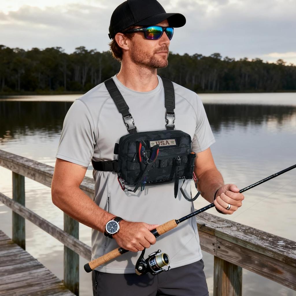 Outdoor Chest Bag for Men, Water-Resistant Fishing Chest Pack, Tactical Vest for Running, Cycling, Hiking, Lightweight Chest Pack Rig for Sports