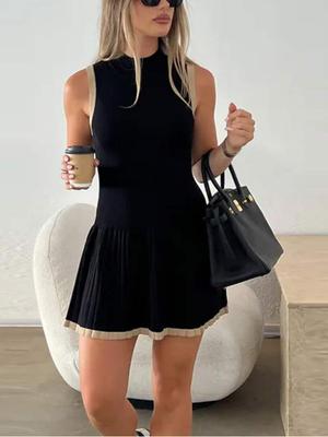 Sommer Elegante Sexy Strick Mini Kleid Frauen Retro Y2k Ärmelloses Plissee Strand Kleider Mode Chic Dünne Elastische High Street Kleidung