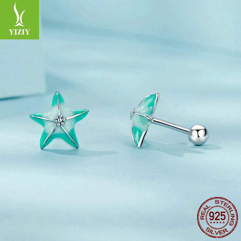 Blue-Green Starfish Threaded Stud Earrings, Summer Small Fresh S925 Sterling Silver Star Stud Earrings.