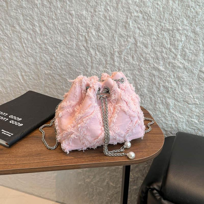 Trend drawstring tassel denim rhombus bag autumn new simple shoulder bucket messenger bag