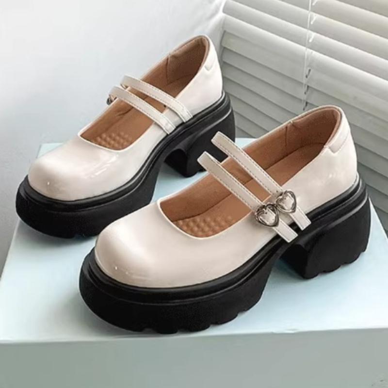 2024 High Quality Fashionable Round Toe Solid Color Shallow Mouth Leather One-line Buckle Strap Thick Heel Women's High Heels