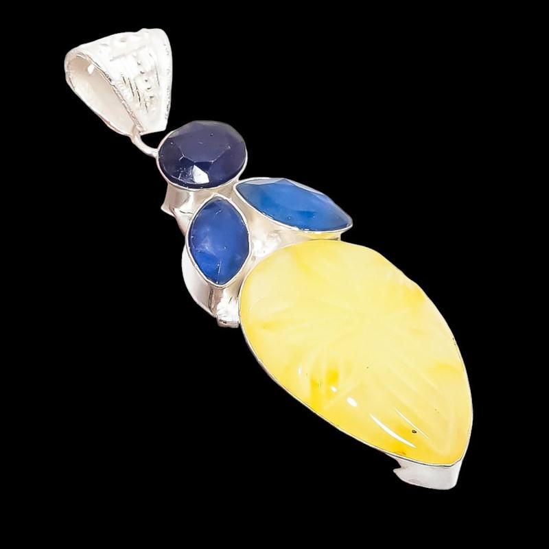 Yellow Aventurine, Sapphire Gemstone 925 Sterling Silver Jewelry Pendant 2.48" AH-5204