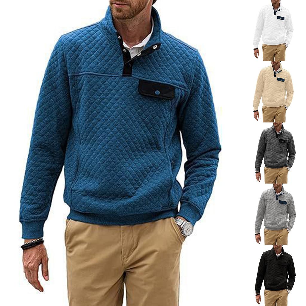 Men's Winter Solid Color Diamond Check Sweatshirt Men's Casual Pocket Button Sweatshirt