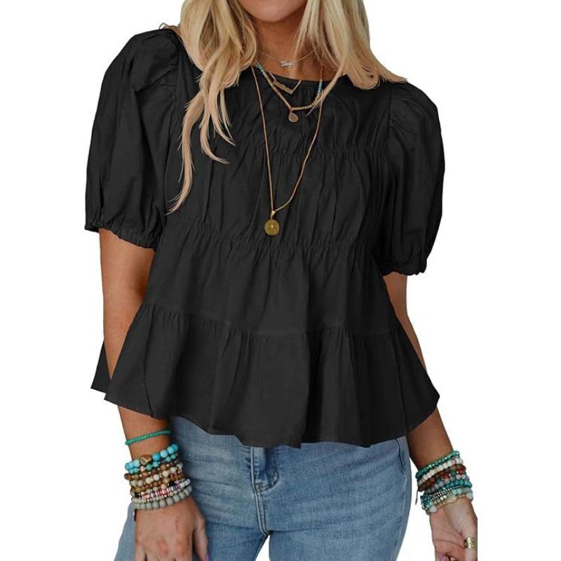 New Summer Puffed-sleeve Doll Shirt, Short-sleeved Loose and Casual A-line Pleated Stylish Top