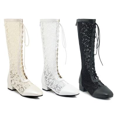 Zomerlaarzen voor Dames 2025 Kniehoog Kant Gaas Sandalen Booties Vetersluiting Gesloten Neus Lage Hakken Schoenen