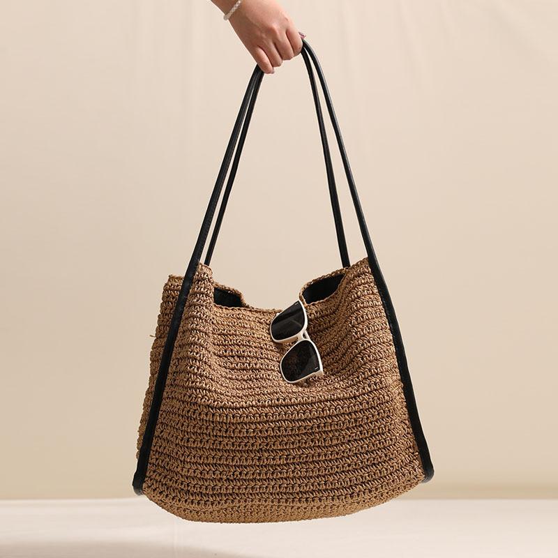 IELGY French Large-Capacity Straw Bag Solid Color Woven Bag