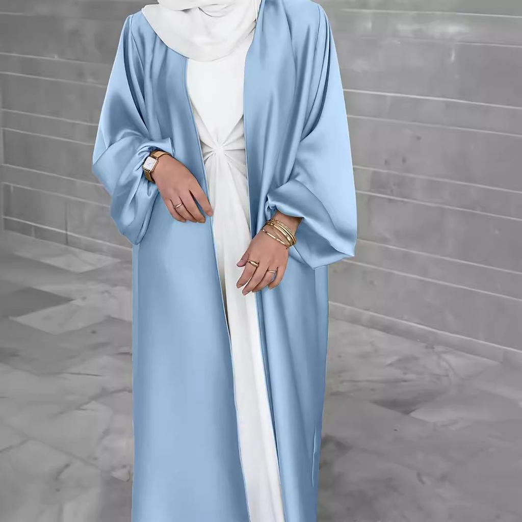 Elegant 2026 Satin Puff Sleeve Cardigan Dress for Women - Middle Eastern Fashion