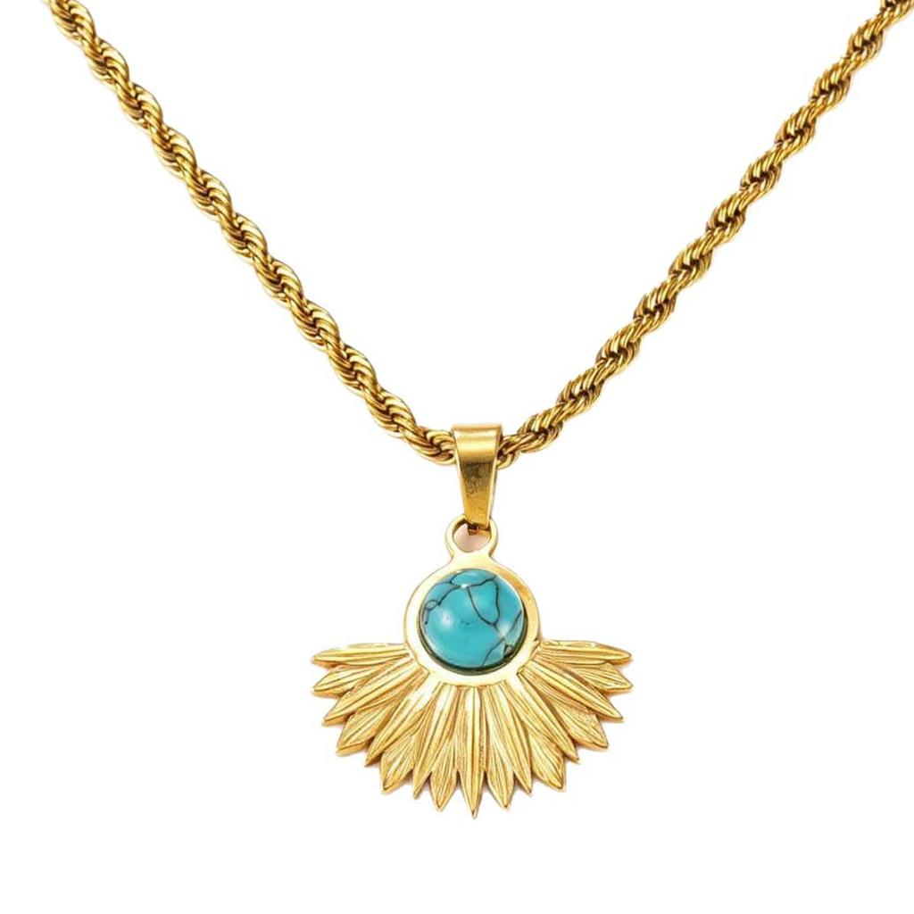 Golden Fan-Shaped Turquoise Stainless Steel Necklace - European & American Retro High-End Jewelry