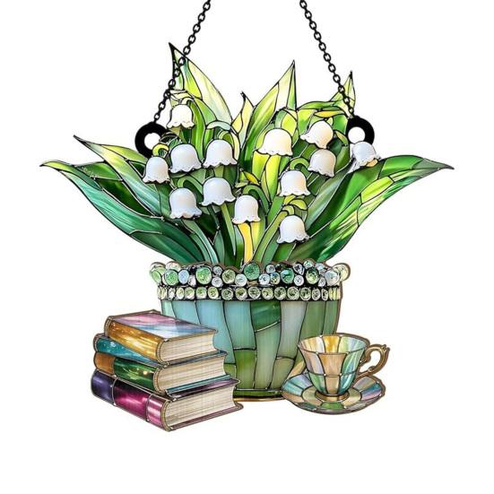 

Floral Tea Cup And Book Suncatcher Stained Glass Effect Window Car Hanging Ornament Acrylic Garden Sun Catcher Panel for Women Mom Grandma 10cm D