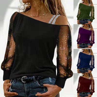 Vêtements de mode pour femmes Tops décontractés à col diagonal et manches longues Dames Sexy Épaules dénudées T-shirts amples Pulls en fil résille Blouses
