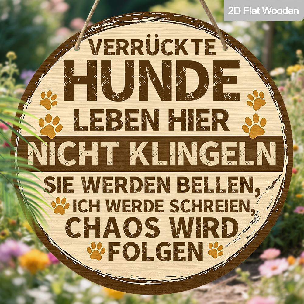2D Flat Funny German " Leben Hier" Round Wooden Hanging Sign, Do Not Ring Doorbell Funny Warning Decorative Sign Suitable for Decorating Courtyards