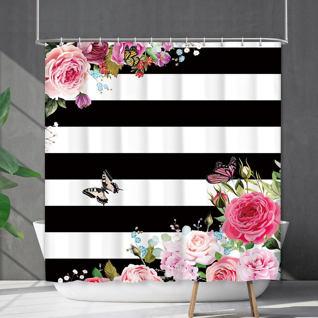 Shower Curtain Waterproof and Mildew-proof Digital Printing Horizontal Strip Plant Flower Printing Shower Curtain Partition Curtain Free Punching