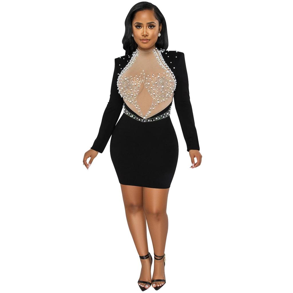 Fashion Sexy Rhinestone Mesh Beaded Backless Long Sleeve Midi Dress for Women