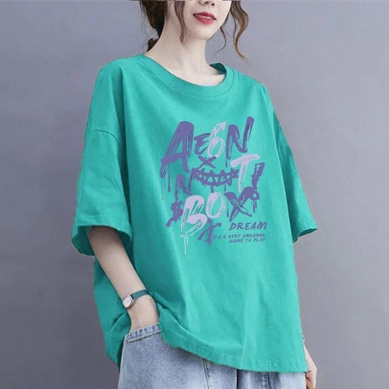 Women Casual Korean Printing O-neck Oversized Top Tee Summer All-match Letter Loose Cotton T-Shirt Women Clothing Pullover Tops