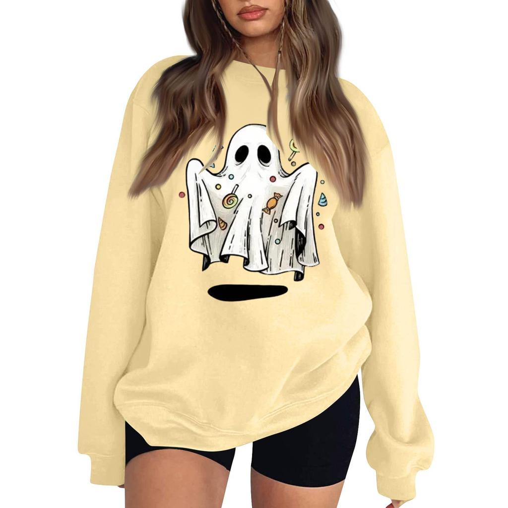 Women's Comfortable Casual Sweatshirt with Long Sleeve, Round Neck, Loose Fit, Small Halloween Print and Color Options