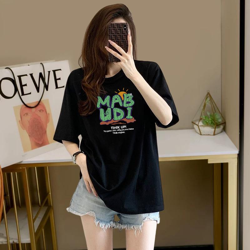 

European pure cotton letter printing short-sleeved t-shirt 2025 summer new loose and thin black medium and long large size women s clothing S