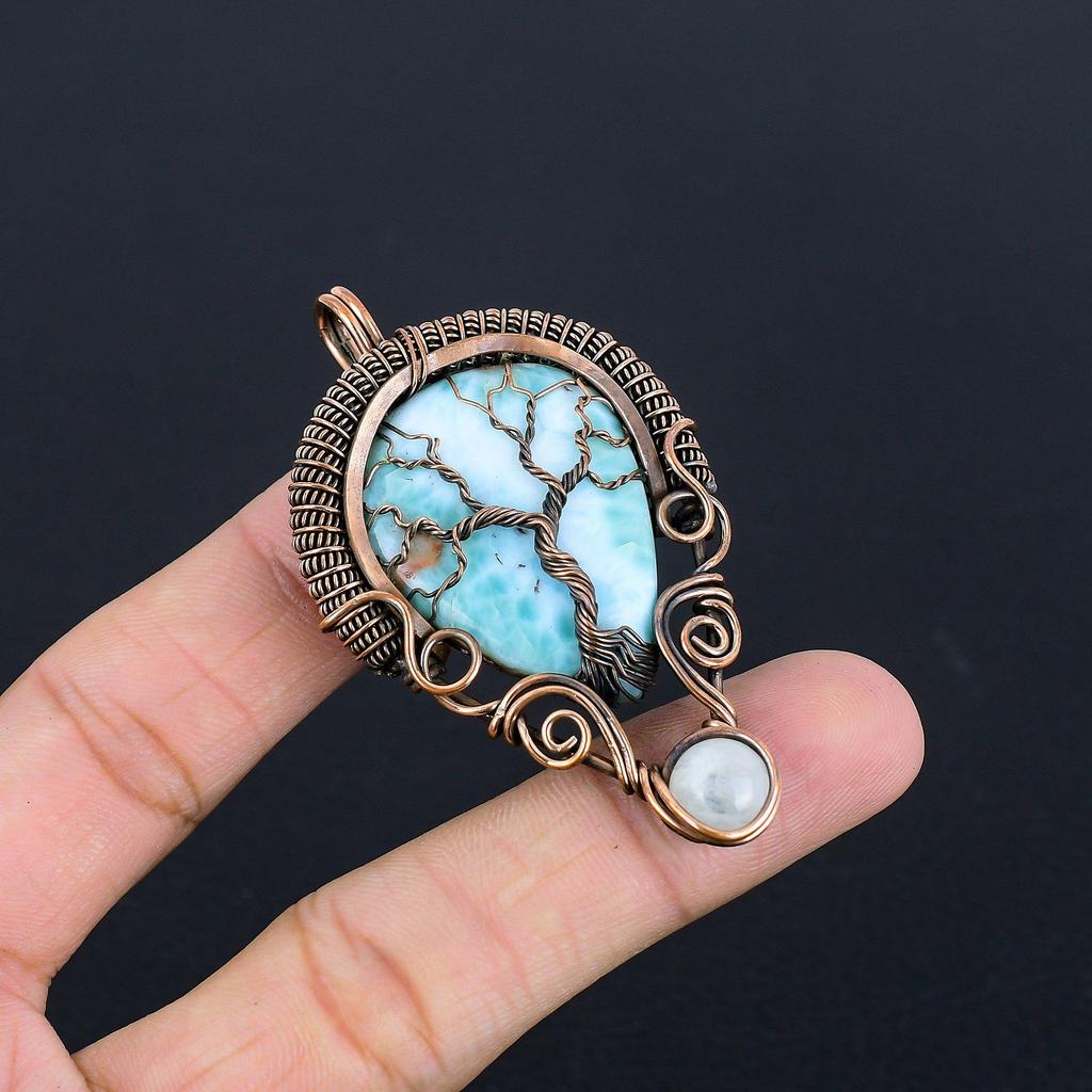 Tree Of Life Larimar Pendant Gemstone Jewelry, 999 Copper Wire Wrapped Pendant, Handmade Jewelry Birthstone Pendant, Gift For Him