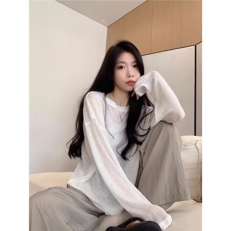 White sunscreen blouse women's lazy casual loose T-shirt early spring thin slightly transparent long-sleeved knitted top
