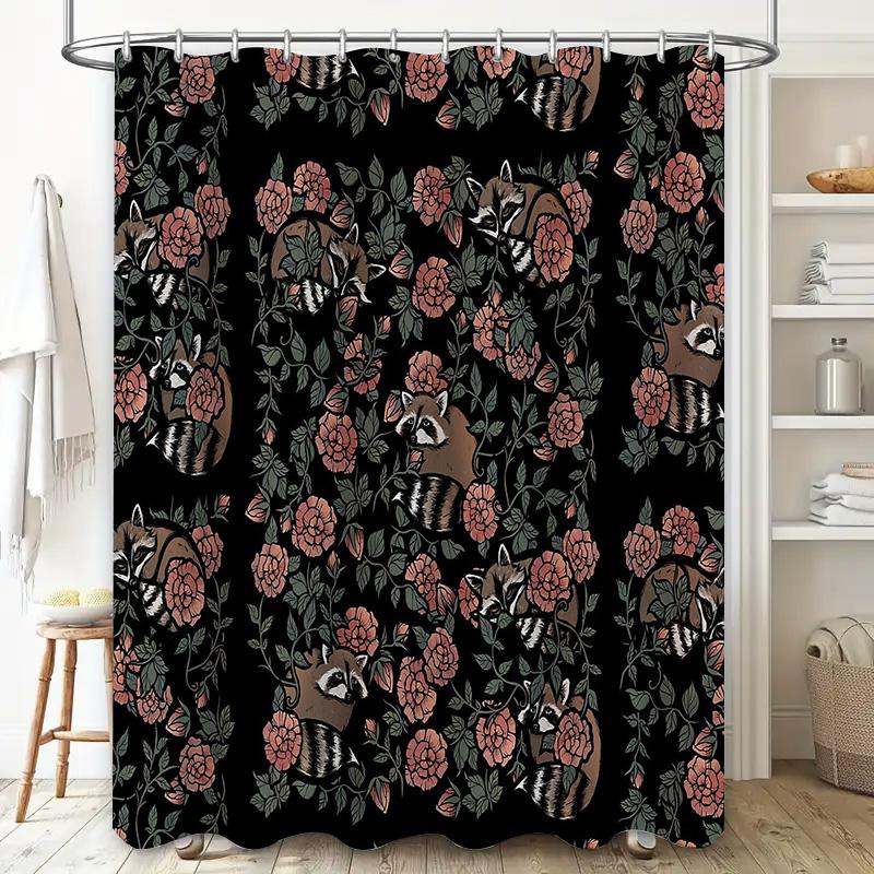 Raccoon Flower Shower Curtain Woodland Forest Animal Nature Bathroom Decor Sets Vintage Rustic Home Decor
