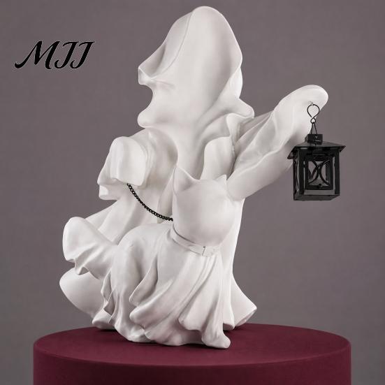 Harzhandwerk für Gartendekoration Halloween-Geist mit Laterne & Laufende Katzenfigur, Elegante Dekorationsfigur Eingangsbereich Wohnkultur Kamin