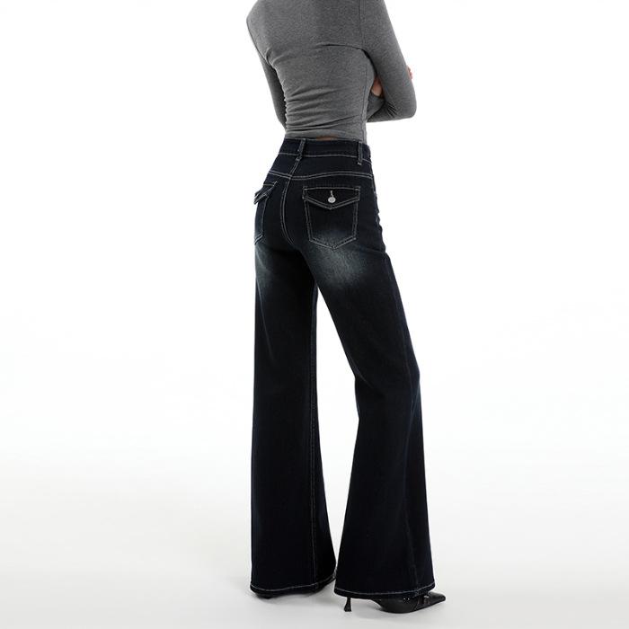 Spring and Autumn retro washed blue jeans women's fashion micro-speaker mopping wide-leg pants retro blue
