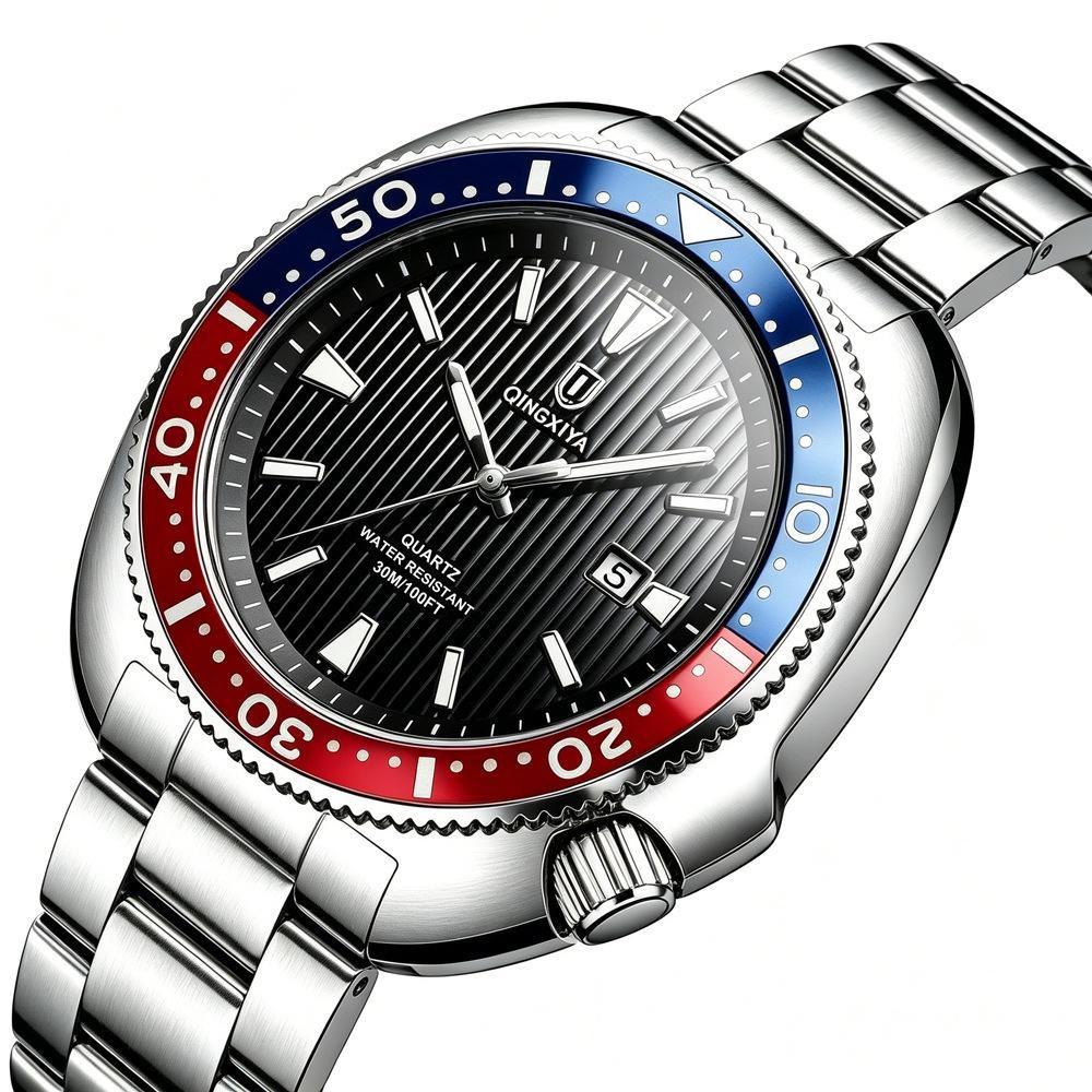 Business Mens Analog Watches Wateproof Diving Watch Luminous Dial Steel Band Daily Calendar Quartz Watch