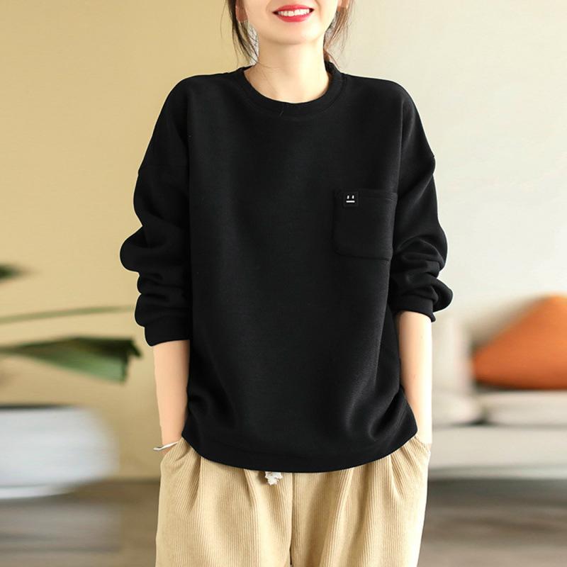 Women S Plus Size Green Loose Fit Round Neck Long Sleeve Pocket Casual Hoodie