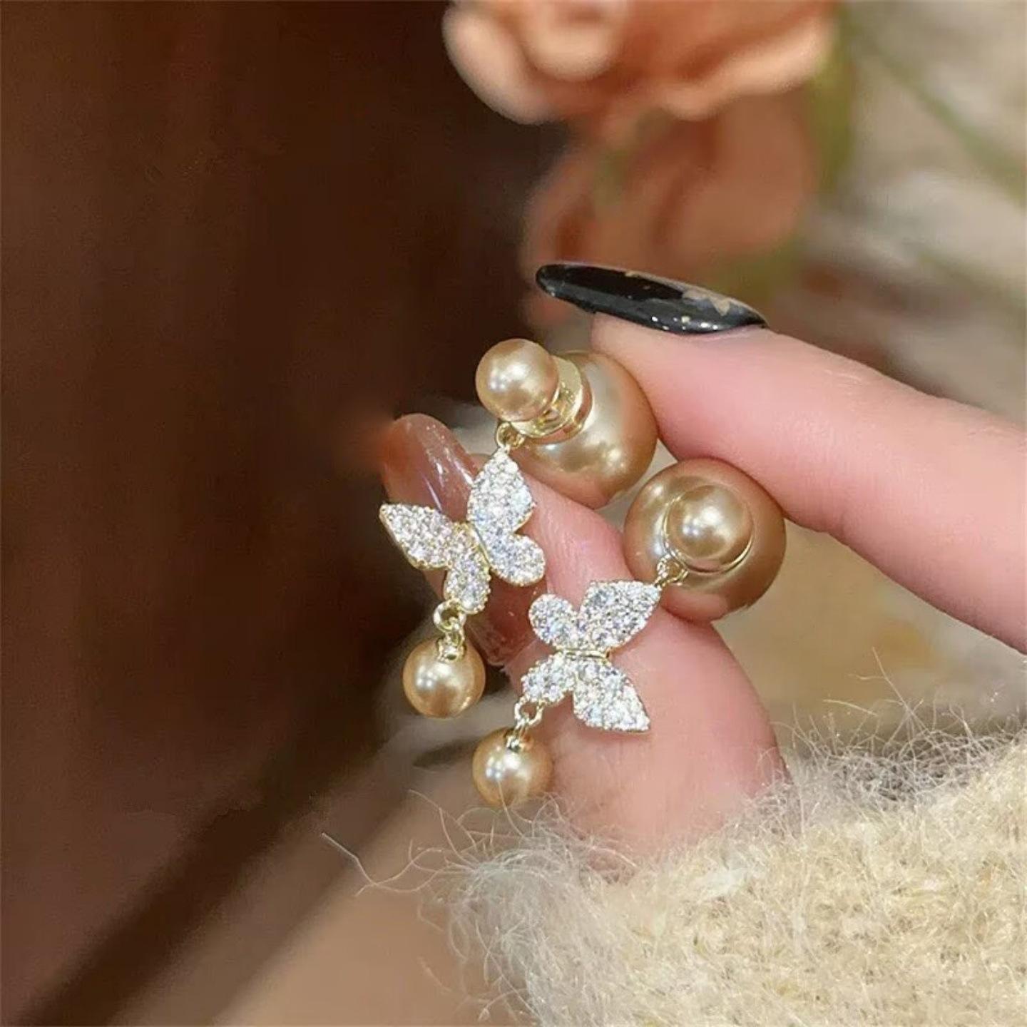 

K real gold electroplated zircon pearl butterfly earrings retro fashion temperament earrings light luxury high-end earrings women