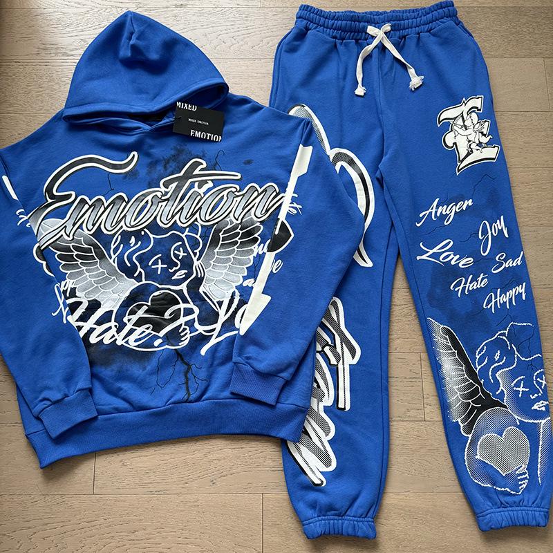 Unisex Rhinestone Zipper Hooded Cardigan & Sweatpants Set with Letter Print.