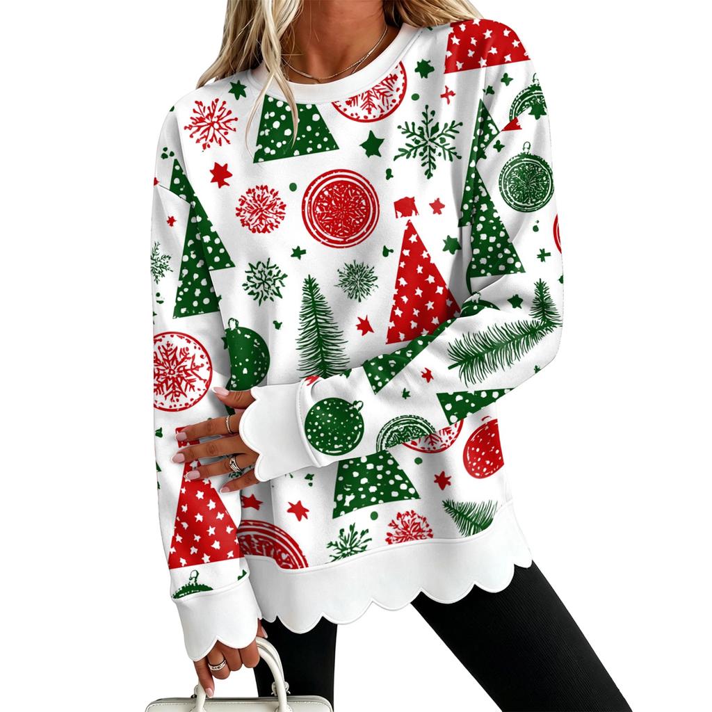 Women's Christmas Print Sweatshirt with Scalloped Wavy Hem and Neck for Holiday