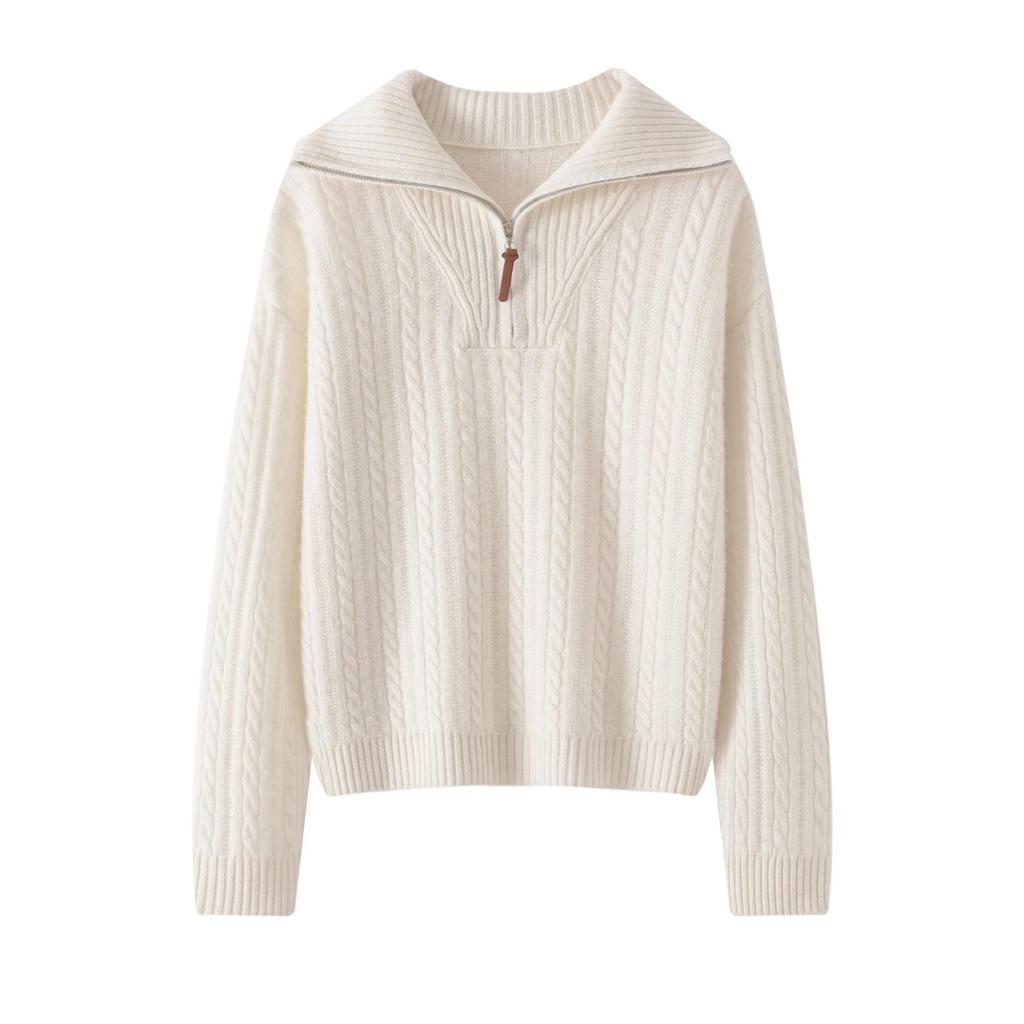 Little He Women's Half-Open Lapel Cashmere Sweater, Cable Knit, Seven-Gauge Thickened Wool, Simple Winter Wear