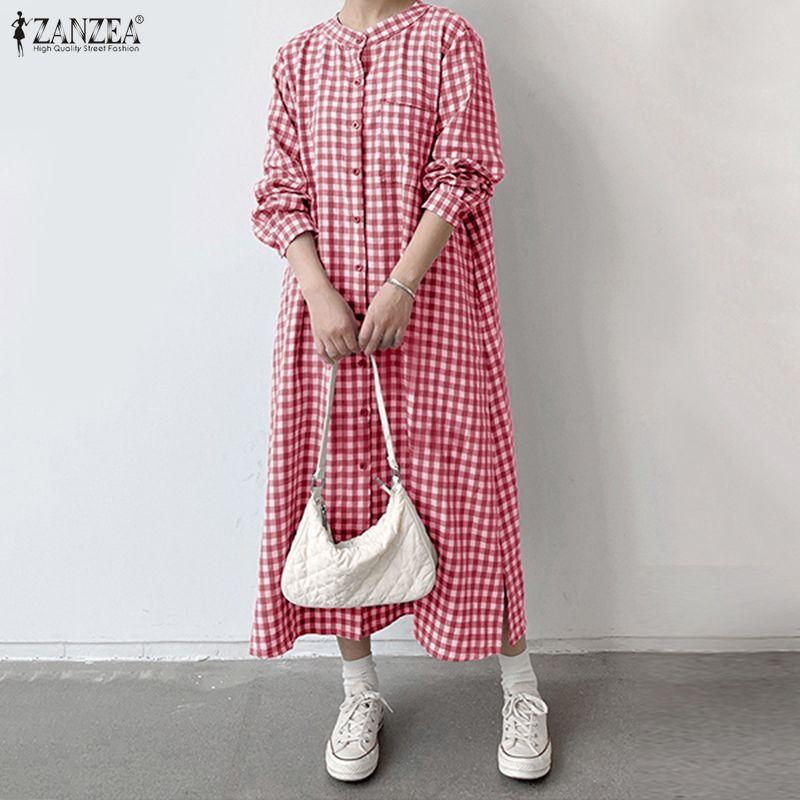 ZANZEA Women Casual Round Neck Long Sleeve Loose Plaid Print Long Dress
