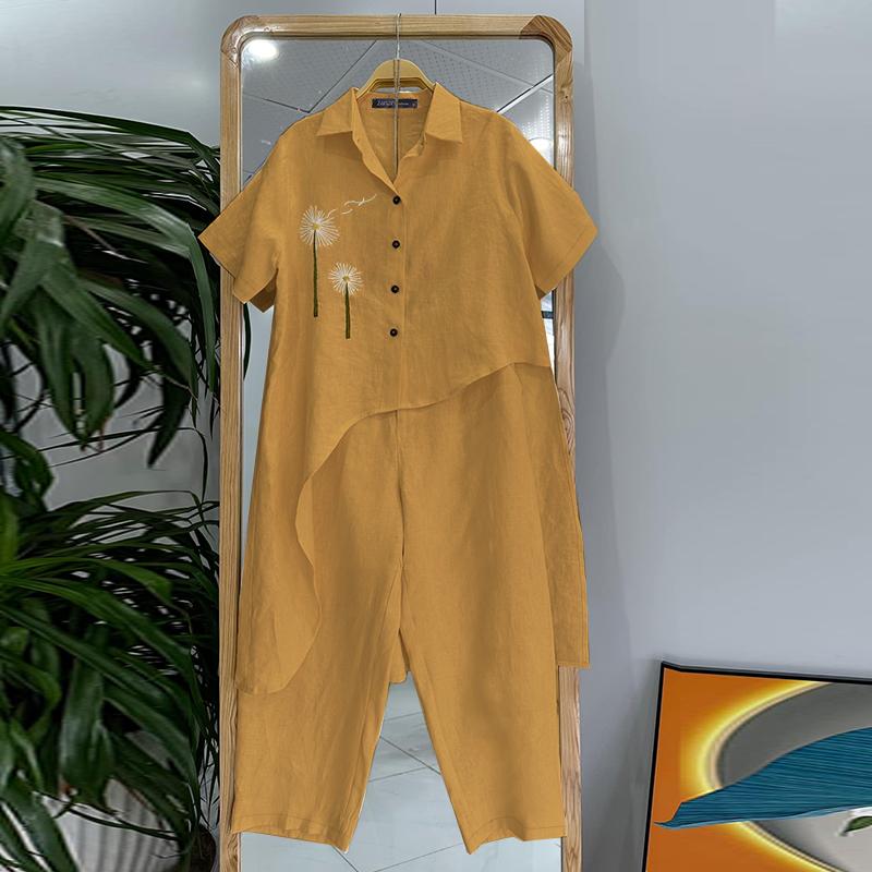 

ZANZEA Женские летние комплекты с воротником-стойкой и коротким рукавом, блузки с принтом и карманами и брюками 5XL жёлтый