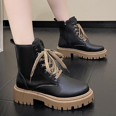 2024 Nouvelles Chaussures pour Femmes Lacets Fermeture Éclair Bottes pour Femmes Hiver Bout Rond Couleurs Mélangées Peluche Chaud Talon Moyen Imperméable Bottes de Mode