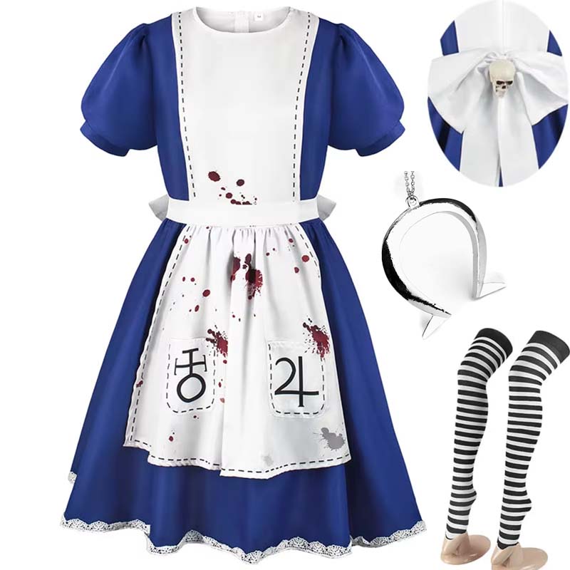Blutige Alice Cosplay Kostüm Anime Alice Madness Returns Dienstmädchen-Outfit mit ausgefallener Schürze Halskette Halloween Kostüm für Frauen