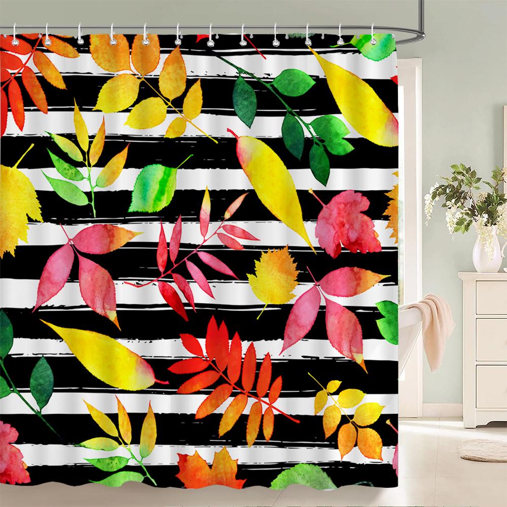1 Pack of Watercolor Flower Plant Pattern Polyester Shower Curtain Bathroom Partition Curtain with Hooks Home Decorative Curtain