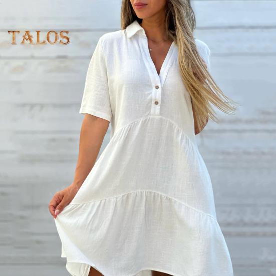 Rochie de vară pentru femei, cu guler în V, revere, plisată, petice la tiv, culoare uni, largă, linie A, cu fustă amplă, mâneci scurte, lungime midi până la genunchi