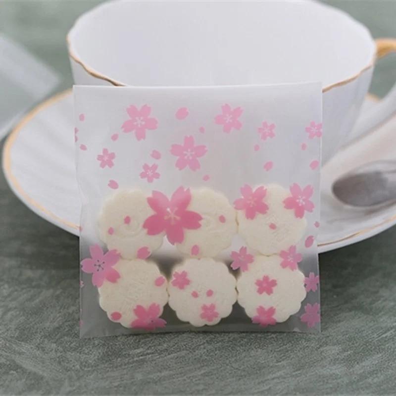 100 szt. Różowe Przezroczyste Kwiaty Wiśni Mini Samoprzylepne Matowe Torebki OPP DIY torebki na cukierki ciasto