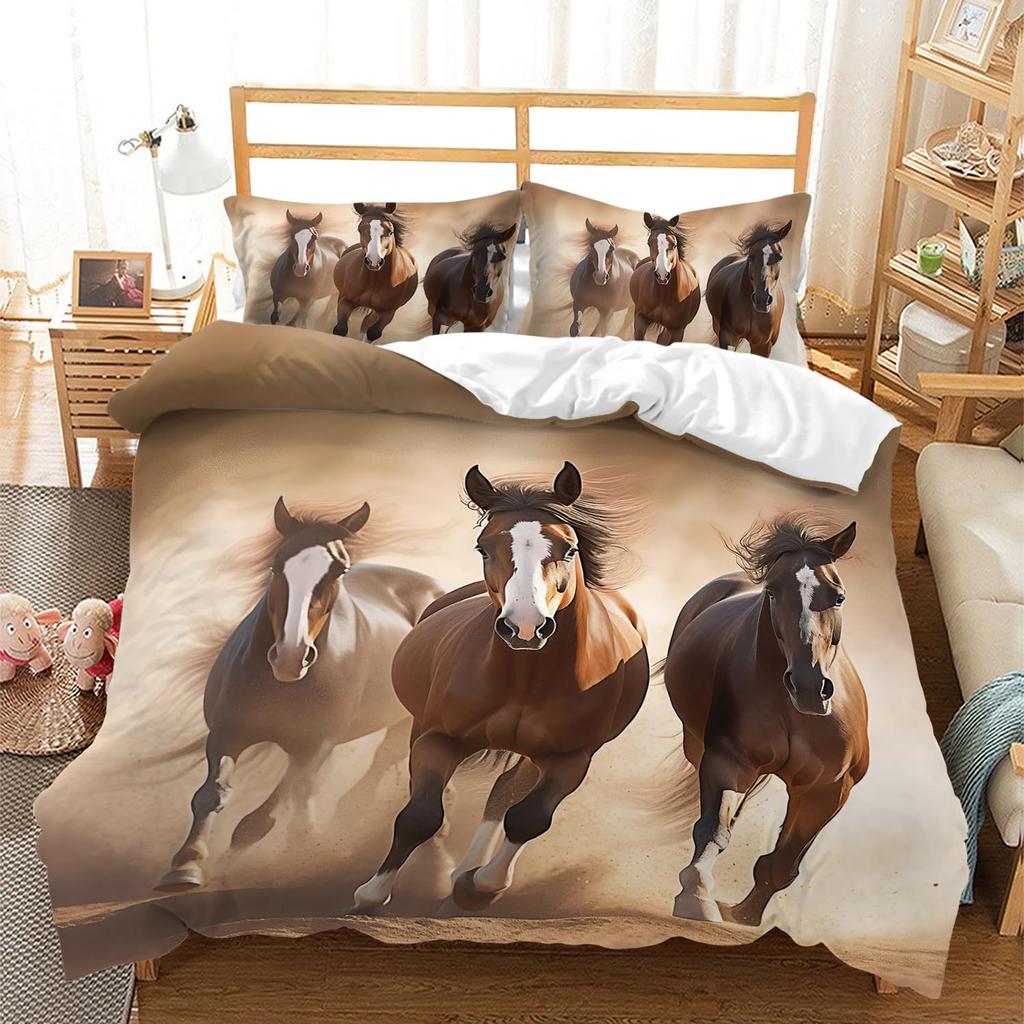 White Horse Down Quilt Set Animal Print Quilt Cover Comfortable Bedding Three-Piece Set