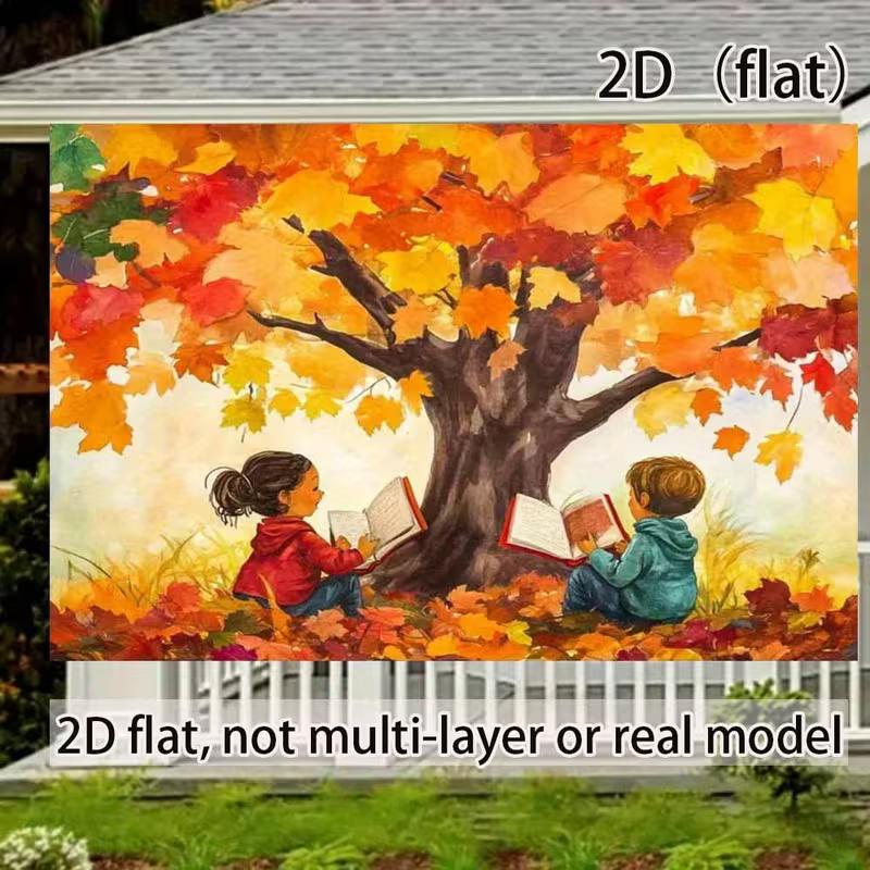 2D Herbst Lese Kinder Hintergrund, Herbstbaum Buch Szene Wandbehang