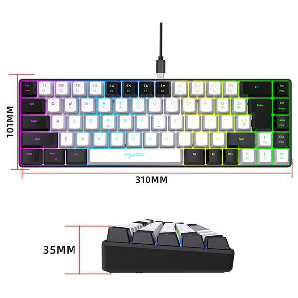 HXSJ Gaming Membrane Keyboard, 68 Keys, Detachable Cable, RGB Backlighting, White/Black, ABS Material.