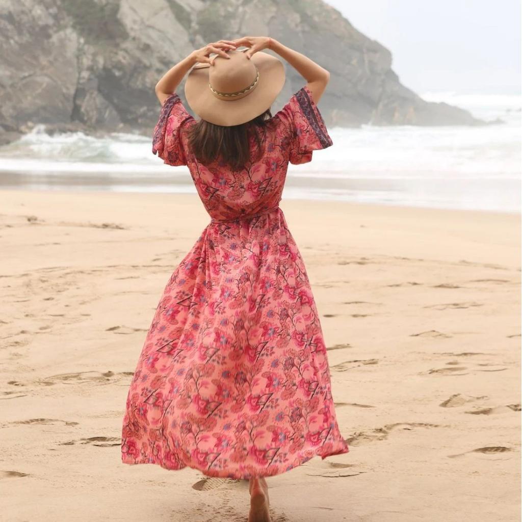 Women's Boho Print Beach Cover Up Loose Long Button Down Shirt, Open Front Swimwear Kaftan 1004