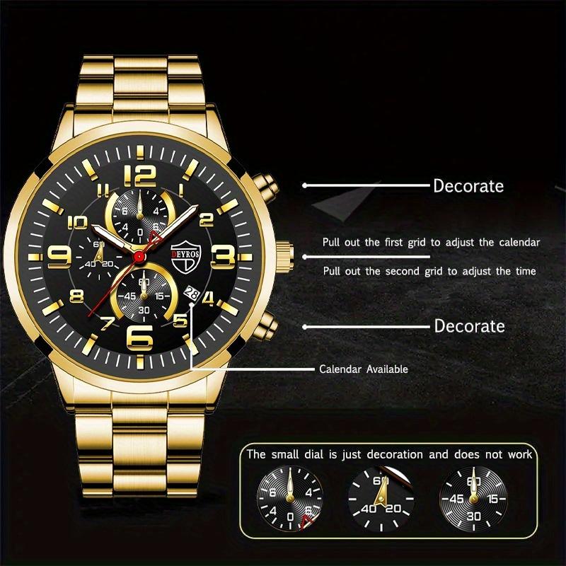 3pcs/set Fashion Men's Casual Quartz Watch Stainless Steel Wrist Watch & Bracelet & Necklace, Men's Gifts