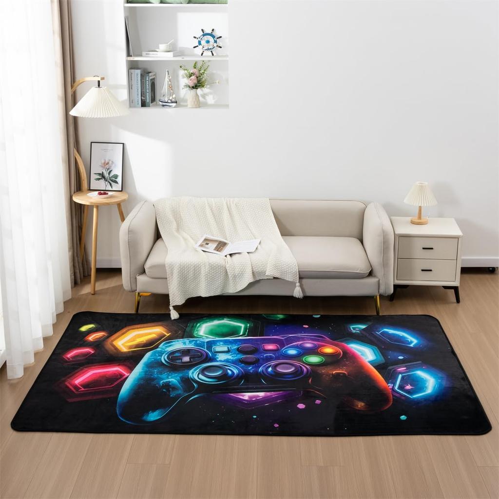 Neon Hexagon Game Controller Rug, Colorful Glowing Geometric Frame Print, Non-Slip Washable Floor Mat for Gaming Room Indoor