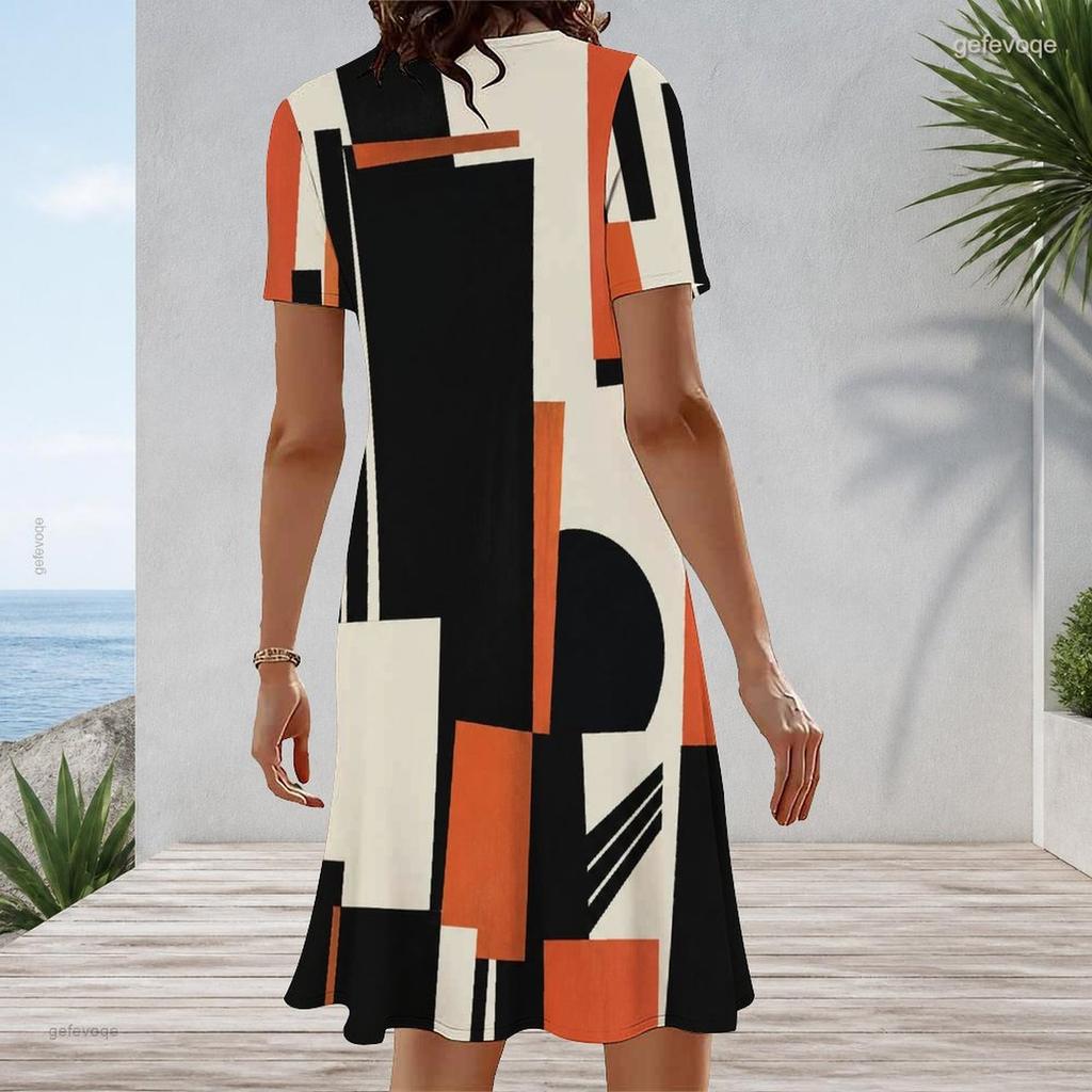 Women Plus Size Round Neck Short Sleeve Geometric Printed A Line Dress